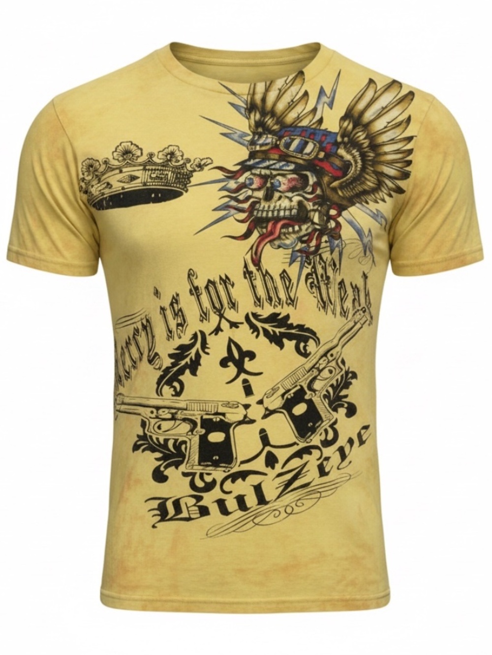Bulzeye Skull Graphic Tee Yellow • Mercy Is for the Weak • Pistols & Wings